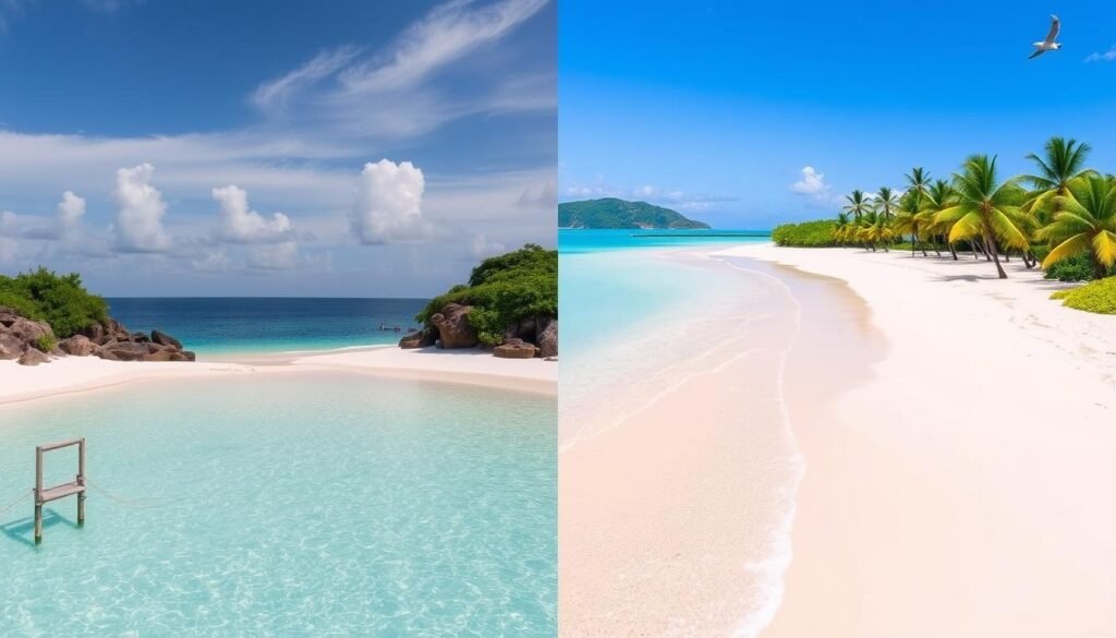 Comparison of beaches between Malapascua vs Bantayan Island showing white sand and clear waters